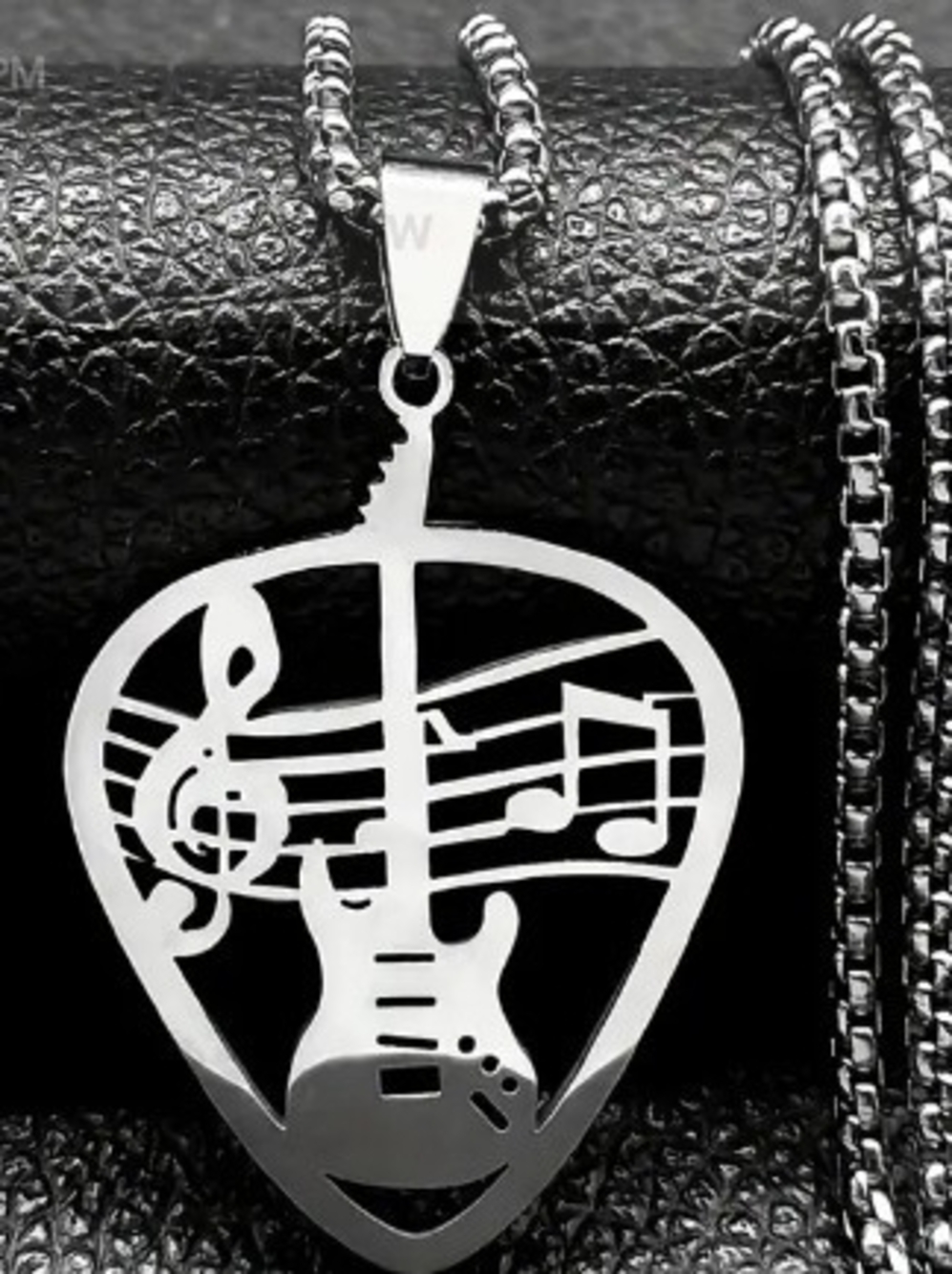 Silver Guitar & Musical Notes Pendant Necklace - Men Accessories Jewelry